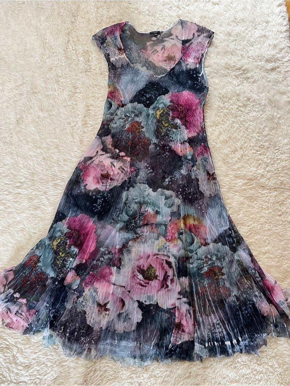 Komarov Dress Sheer Size P/XL Crinkle Chiffon Raw Hem Floral